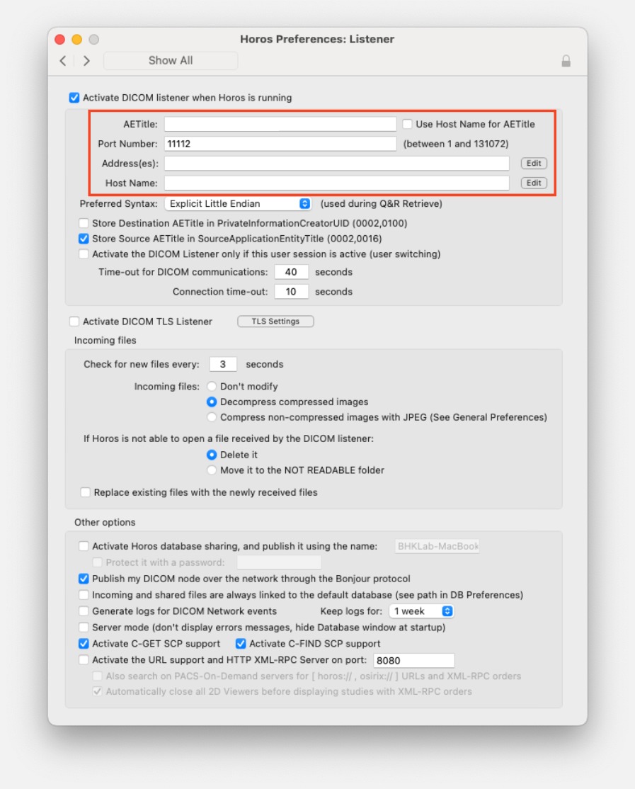 Screenshot of the Horos Preferences: Listener menu