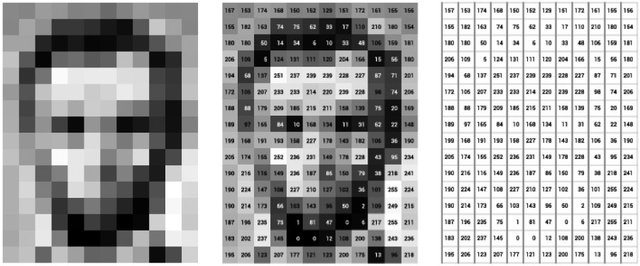 Three panels explaining what pixels are. The first shows a low resolution black and white photo of Abraham Lincoln, the second has numerical pixel values overlaid as a matrix, and the third is just the pixel value matrix.