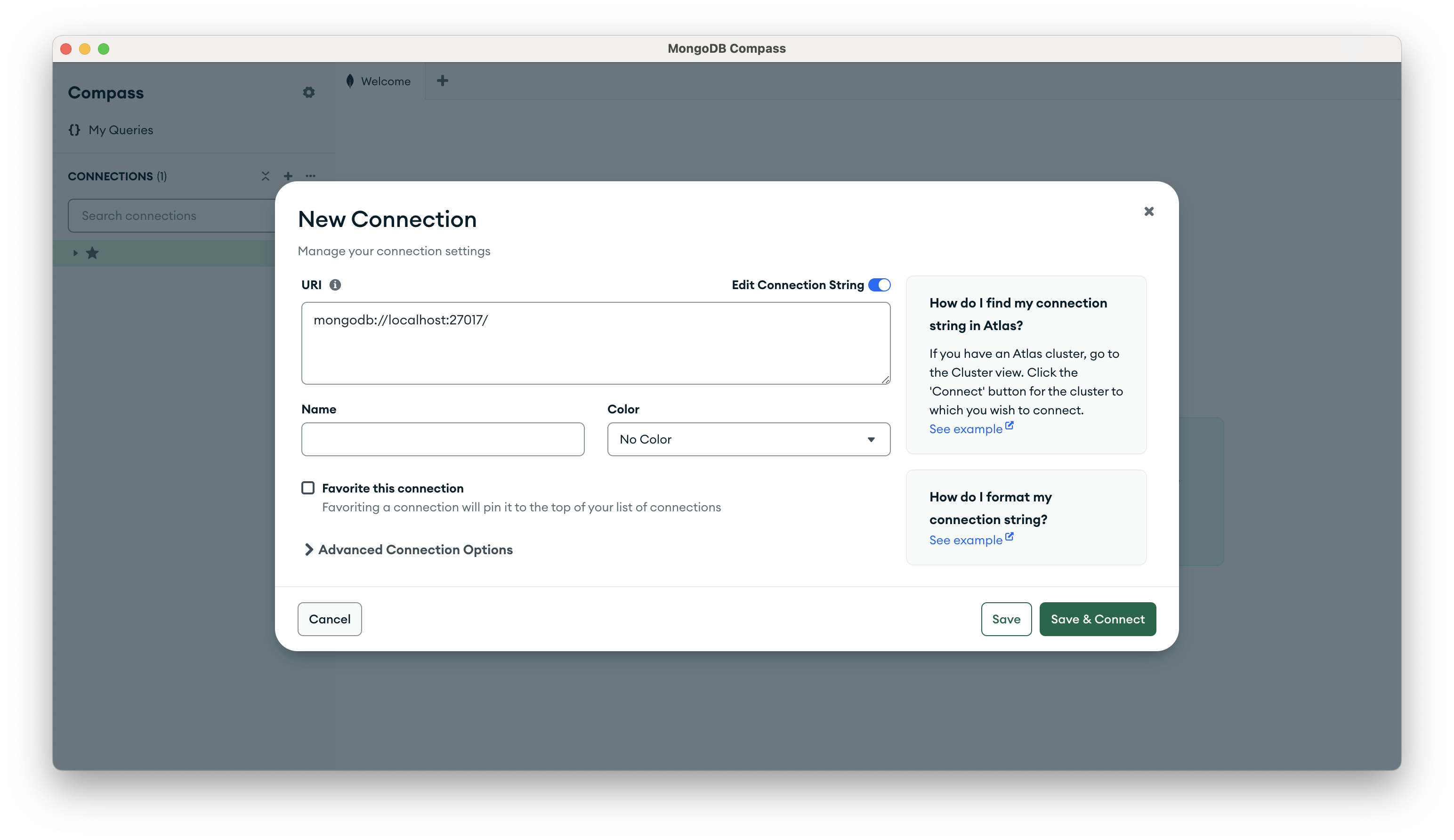 Screenshot of MongoDB Compass New Connection Popup Window